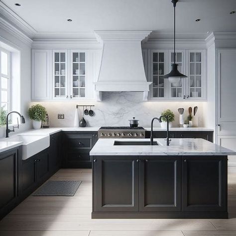 a kitchen with black lower cabinets, all white quartz kitchen countertops with a stainless steel sink and black kitchen faucet and upper cabinets are white. The floors are a medium wood tone LVP - Image Creator from Microsoft Designer Kitchen Dark Lower Cabinets White Upper, Kitchen Black Lower Cabinets White Upper, Kitchen Cabinets White Uppers Dark Lowers, Black Lowers White Upper Cabinets, Kitchen White Uppers Black Lowers, Dark Lower Cabinets Light Upper Kitchen, Black Base Cabinets With White Uppers, Kitchen With Black And White Cabinets, Best White Quartz Countertops Black