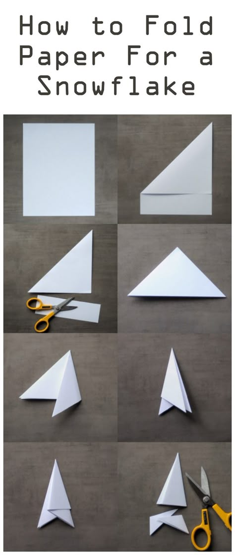 How to fold paper to make a snowflake Paper Flakes Diy, How To Fold Paper For Snowflakes Easy, How To Fold For Paper Snowflakes, How To Cut Snow Flakes Out Of Paper, Snow Flake Paper Pattern, How To Do A Snowflake Paper, Paper Snowflake Folding, Making A Snowflake, How To Make Cute Snowflakes Out Of Paper