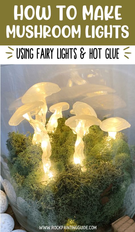 Enchanted Tea Party Ideas, Led Mushroom Lights Diy, Fairy Lights Diy Ideas, Hot Glue Fairy Lights, Diy Mushroom Lights Fairies Garden, Diy Mushroom Fairy Lights, Hot Glue Mushrooms Fairy Lights, Magical Forest Decorations Diy, Diy Enchanted Forest Decorations