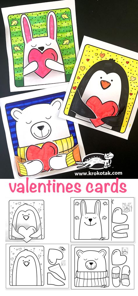 krokotak | Valentines 3D cards Valentines Art Lessons, Valentines Art For Kids, Bird Ideas, Valentine Card Crafts, Valentine Art Projects, Printable Valentines Day Cards, Diy Valentines Cards, Valentine's Day Crafts For Kids, Printable Valentines Cards