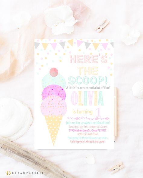 Ice Cream Themed Birthday Party, Ice Cream Themed Birthday, Ice Cream Party Invitations, Ice Cream Invitation, Pool Party Invitation Template, Watercolor Ice Cream, Fiesta Birthday Invitations, Ice Cream Birthday Party, Mermaid Invitations