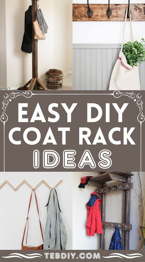 15 DIY Coat Rack Ideas For Organization And Storage Farmhouse Coat Rack With Shelf, Renter Friendly Coat Rack, Unique Coat Rack Ideas, Wall Hanging Coat Rack, Diy Wall Shelf With Hooks, Wall Coat Rack Ideas Entryway Diy, Diy Entryway Coat Rack, Hat Storage Ideas Diy, Wall Coat Rack Ideas Entryway