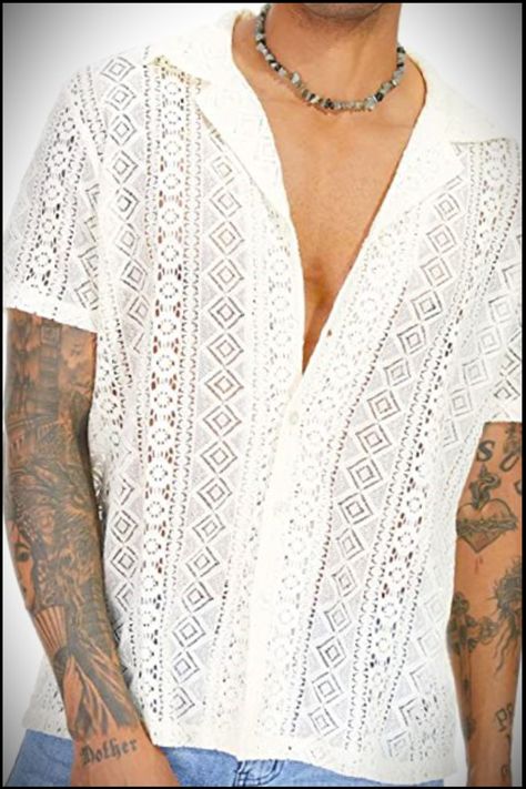 Mens See Through Mesh Shirt Dirndl Outfit, Cardigan Short, Floral Lace Shorts, Tops Men, Chic Shirts, Cutout Design, Floral Sleeve, Mini Robes, Short Sleeve Pattern