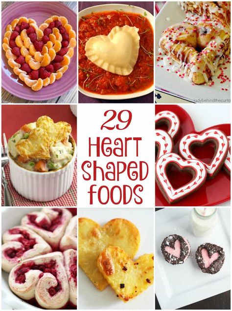 These 29 fun heart shaped foods are just perfect for Valentine's Day. Use them to plan a delicious menu for your valentine! Heart Shaped Food Valentines, Menu St Valentin, Heart Shaped Foods, Heart Foods, Valentine's Day Menu Ideas, Valentines Party Food, Shaped Food, Heart Shaped Food, Heart Shaped Valentines