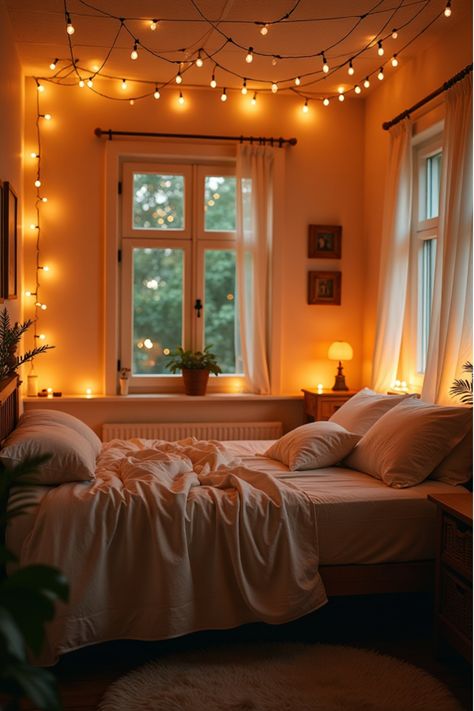 Boho bedroom with string lights creating starry night effect Patio Lights In Bedroom, Warm Bedroom Lighting Ideas, Dorm Room Lighting Ideas, Room Lighting Ideas Bedrooms, Cute Lights For Bedroom, Cozy Bedroom Aesthetic Fairy Lights, String Lights In Bedroom, Cozy Bedroom Lighting Ideas, Bedroom With String Lights