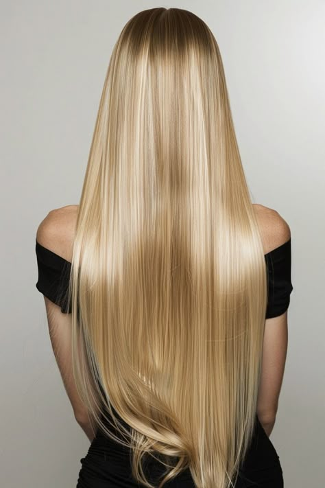 Long, straight hair boasts a glossy California blonde finish, providing a sleek and polished appearance. This hairstyle is perfect for those who prefer a sophisticated, minimalistic look. Cute Long Blonde Hairstyles, Healthy Long Blonde Hair, Perfect Long Hair, Vision Board Appearance, Smooth Blonde Hair, Glossy Hair Aesthetic, Long Blonde Hairstyle, Waist Length Hair Blonde, Long Healthy Hair Blonde