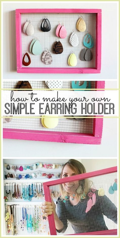 how to make your own diy simple earring holder for jewelry - I really LOVE this, fun organization idea, with tutorial!! - - Sugar Bee Crafts Ways To Organize Earrings, Home Made Earring Holder, Earring Holders Diy, Diy Hanging Earring Holder, Earings Organizer Ideas Easy Diy, Dollar Tree Earring Holder, Diy Earing Holder Handmade, Diy Earring Holder For Selling, Earing Holder Diy Organizers