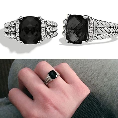 David Yurman, Petite Wheaton Ring.  Black Onyx Center piece stone with adoring diamonds.  On sterling silver signature DY band. Black Diamond Mens Ring, Boy Ring Design, Black Diamond Ring Men, Black Stone Ring For Men, Black Stone Ring Women, Rings For Boys, Hand Jewelry Rings, Silver Necklace Designs, Matching Couple Bracelets