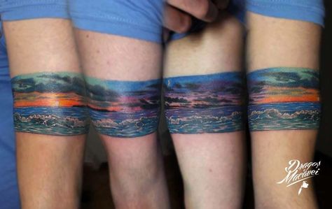 #Armband #tattoo #sea #day #night #sunset Sunset Arm Band Tattoo, Tattoo Ideas Beach, New Tattoo Ideas, Water Tattoos, Trendy Tattoo Ideas, Tattoo Sea, Sunset Tattoo, Tattoos Inspo, Sunset Tattoos