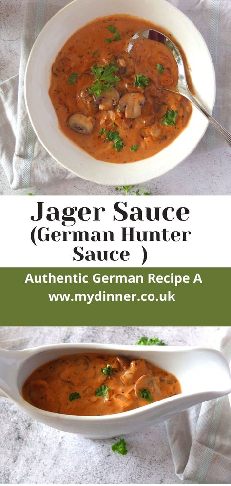 Chicken Schnitzel Gravy Recipe, German Gravy Mushrooms, Jaeger Schnitzel Sauce, Gravy For Schnitzel, Hunter Schnitzel Recipe, Jaeger Sauce German Recipes, Hunters Sauce Recipe, German Hunter Sauce, Hunters Gravy