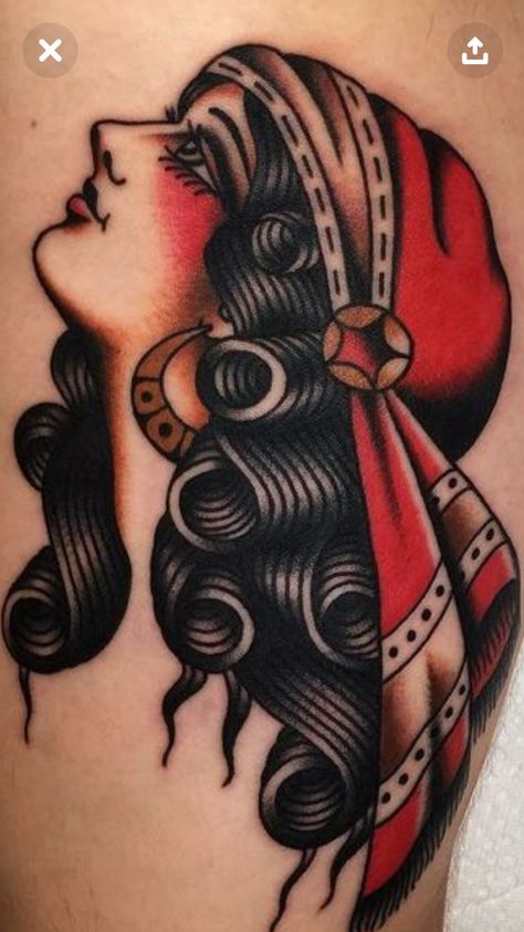 American Traditional Romani, Romani Women Tattoo, Romani Head Tattoo, Romani Girl Tattoo, Romani Lady Tattoo, Romani Traditional Tattoo, Traditional Woman Face Tattoo, Romani Woman Tattoo, Romani Tattoo