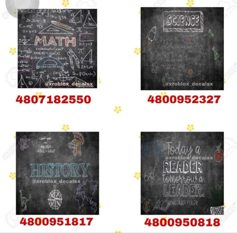 @xroblox_decalsx on instagram Bloxburg School Board Decal Codes, Bloxburg Highschool Decal Codes, Roblox Bloxburg School Decals, Bloxburg Chalkboard Decals, Bloxburg School Decal Codes Whiteboard, Bloxburg Academy Layout, Bloxburg Classroom Number Decals, Math Class Bloxburg Decal, Bloxburg School Layouts