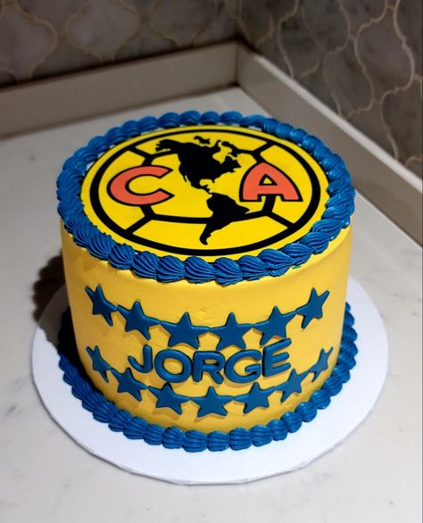 Club America Cake Yellow and Blue Soccer Club America Cake Ideas, America Cake Soccer, Club America Birthday Party, Club America Cake, Blue And Yellow Cake, Soccer Birthday Cakes, Star Wars Birthday Cake, America Cake, Cake Yellow