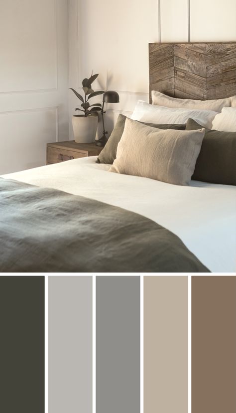 Grey Japandi Bedroom, Grey Floor Bedroom Ideas, Beige Bedroom Colors, Color Palette Bedroom, Grey Colour Scheme Bedroom, Grey Bedroom Colors, Taupe Bedroom, Gray Color Palette, Western Rooms