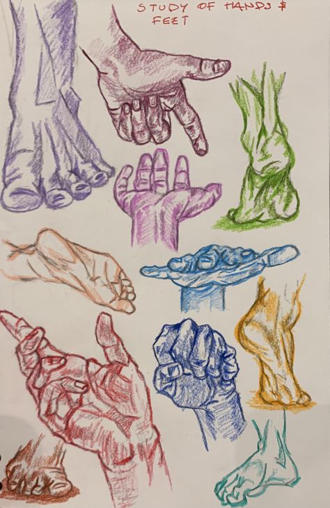 Colorful Hand Drawing, Sketchbook Art Inspiration Color Pencil, Hands Gcse Art, Hand Art Drawing Paintings, Sketchbook Ideas Hands, Colour Harmony Art, Art Study Sketchbook, Rainbow Pencil Drawing, Feet Doodle