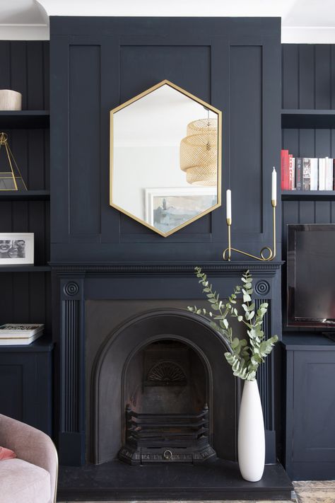 Blue Fireplace, Before And After Home, Home Transformation, Dark Living Rooms, Living Room Renovation, Frame Mirror, Room Color Schemes, Room Renovation, Dream Living