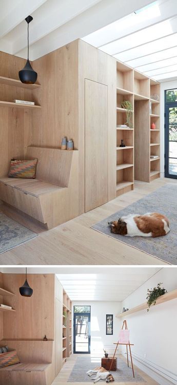 This small backyard studio features walls, shelving and furniture made of white oak. Bach Architecture, Backyard Art Studio, Small Space Hacks, Plywood Interior, Mudroom Lockers, Modern Shed, Backyard Studio, Casa Container, Studio Interior