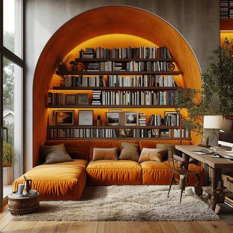 Immerse yourself in the warmth of this cozy reading nook 📚✨. The bold, sunset-orange velvet sofa perfectly complements the room's earthy tones and organic textures. An arching bookshelf serves as a stunning backdrop, filled with a treasure trove of literary gems. Whether you're diving into a new bestseller or just enjoying a quiet moment, this space is designed for the ultimate comfort and style. Earthy Home Decor, Room Library, Orange Rooms, Orange Velvet, Home Library Design, Reading Corner, Cozy Reading Nook, Home Library, Velvet Sofa