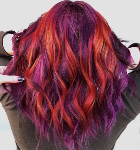 Fun Copper Hair Color Ideas, Purple And Orange Hair Split, Red And Purple Split Dye, Orange And Purple Highlights, Flame Hair Color, Pulp Riot Hair Color Formulas, Purple And Orange Hair, Red And Purple Hair, Sunset Hair Color