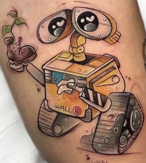 Monsters Ink Tattoo, Walle Tattoo Disney, Walle Tattoo Ideas, Disney Pixar Tattoos, Disney Sidekicks Tattoo, Wall E Tattoo, Pixar Tattoo, Disney Tattoos Unique, Movie Character Tattoos