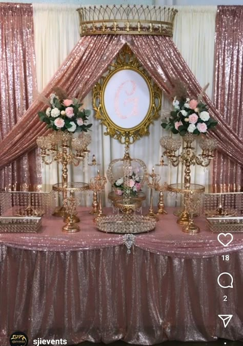 Gold And Ivory Quinceanera Theme, Princess Aurora Quinceanera Theme, 15 Backdrop Party Ideas, Aurora Themed Quinceanera, Pink And Gold Quinceanera Decorations, Quinceanera Rose Gold Theme, Sleeping Beauty Quince, Royal Quinceanera Theme, Aurora Quinceanera Theme