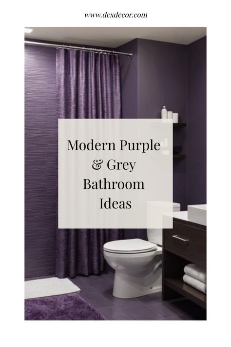 Modern bathroom with purple walls, grey flooring, and white fixtures. Bathroom Design Purple, Lavender Bathroom Ideas Decor, Dark Purple Bathroom Ideas, Gray And Purple Bathroom, Dark Purple Bathroom, Purple Bathroom Ideas, Plum Bathroom, Grey Bathroom Ideas, Kitchen Flooring Trends