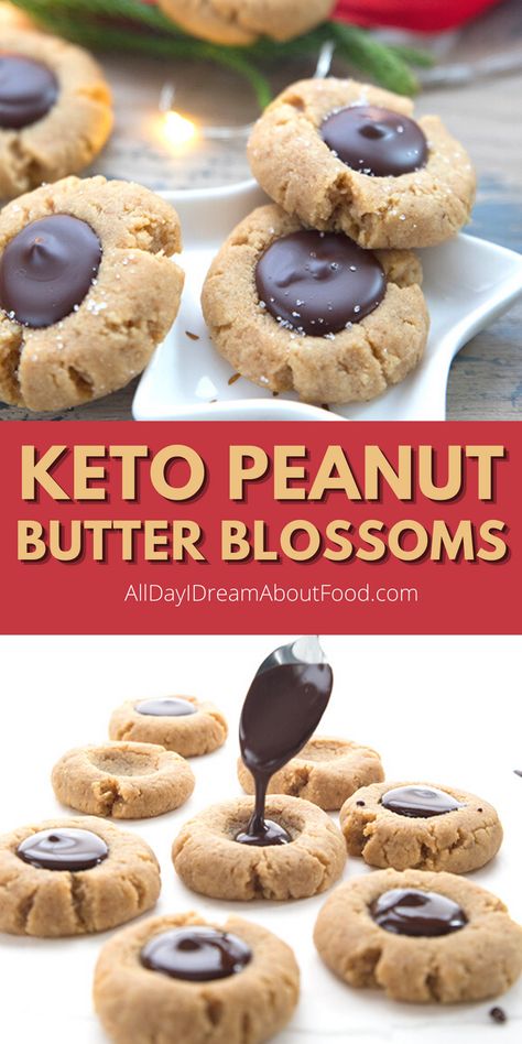 Peanut Butter Blossoms have been keto-fied! Soft low carb peanut butter cookies with a “kiss” of sugar free chocolate in the center. These easy Keto Christmas cookies will help you make it through the holidays. Keto Deserts Recipes Low Carb, Keto Thumbprint Cookies, Easy Keto Cookies, Keto Christmas Recipes Dessert, Keto Peanut Butter Blossoms, Keto Holiday Dessert, Keto Christmas Treats, Keto Peanut Butter Blossom Cookies, Keto Sugar Cookies