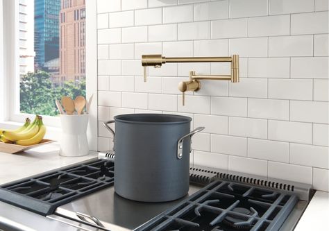 Delta 1165LF-BL Matte Black 24" Wall-Mounted Pot Filler Kitchen White Walls, Small White Kitchen Ideas, Small White Kitchen, Delta Champagne Bronze, White Kitchen Designs, Pot Filler Kitchen, Designer Decor, Pot Filler Faucet, Pot Filler