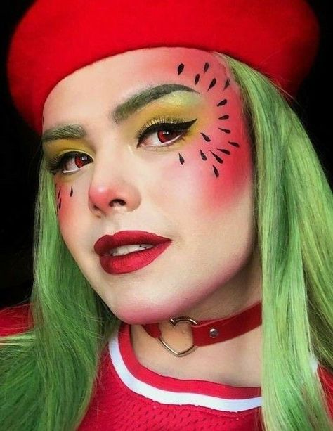 Fruit Makeup Looks, Watermelon Makeup, Fruit Makeup, Watermelon Costume, Dense Hair, Fruit Costumes, Makeup You Need, Food Makeup, Peach Makeup