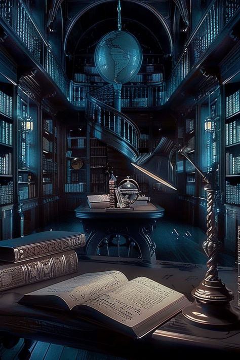 Dark Academia Aesthetic Blue, Blue Library Aesthetic, Dark Academia Blue, Blue Library, Gothic Library, Harry Potter Wall, Library Aesthetic, Vintage Library, Book Cover Illustration