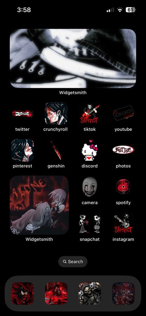 ios 14 home screen with red and black theme Dark Layout Aesthetic, Deftones Widget Ideas, Emo Phone Widgets, Emo Widget Icons, Black And Red Emo Wallpaper, Red And Black Homescreen Layout, Alt Widgets, Red And Black Iphone Layout, Alt Phone Layout