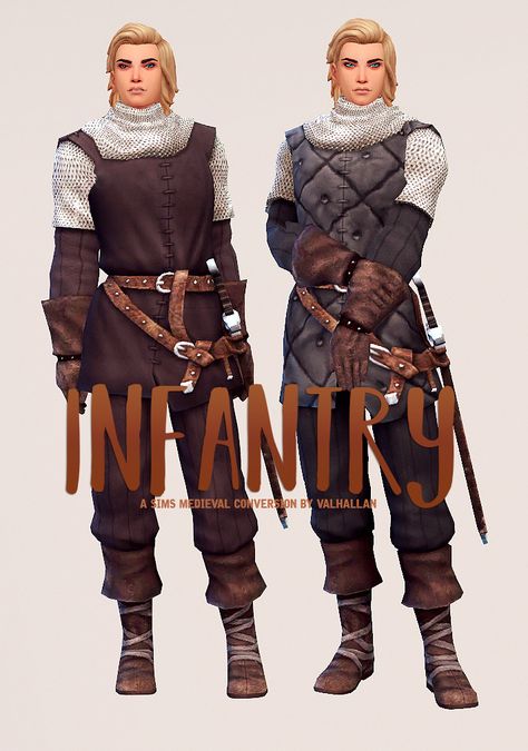 “ Infantry: a The Sims Medieval outfit conversion by Valhallan ” As always, thanks for the lovely @zx-ta for all the help! ♥ • 6 swatches • Enabled for all genders, alien & occult, and for ages teen -... Sims 4 Medieval, Medieval Outfit, Knight Outfit, Sims 4 Decades Challenge, Sims Medieval, Medieval Clothes, Sims 4 Mm Cc, Sims 4 Mm, Sims 4 Characters