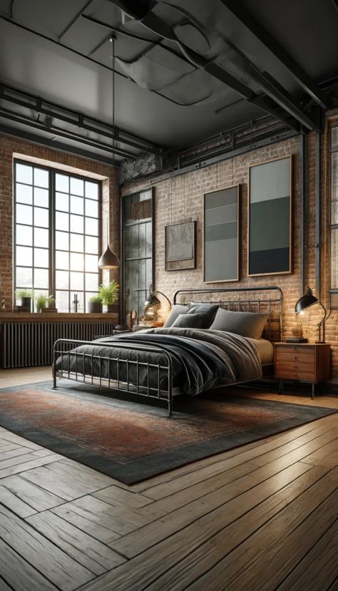 Bedroom Room Designs, Dark Gray Bedding, Framed Bed, Vintage Industrial Interior, Leather Pillows, Framed Windows, Gray Bedding, Industrial Style Bedroom, Decor Inspiration Diy