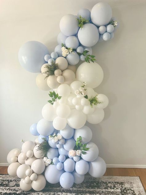 Balloon Garland Blue And White, Pale Blue Party Decor, Dusty Blue Shower Decorations, Blue White And Gold Balloon Garland, Light Blue And White Balloon Garland, Blue White Tan Balloon Garland, Light Blue Balloon Decorations, Pastel Blue Balloon Arch, Blue And Cream Balloon Garland