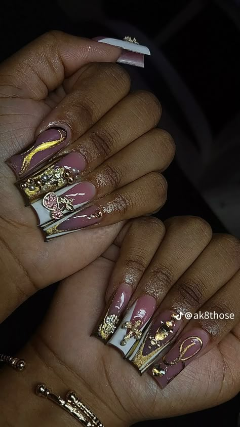 Name On Acrylic Nails, Real Snake Skin Nails, Junk Birthday Nails, Short Square Junk Nails, Different Color Hands Nails, Birthday Nails Medium Length, Medium Nail Set, 22 Birthday Nails, Brown Baddie Nails