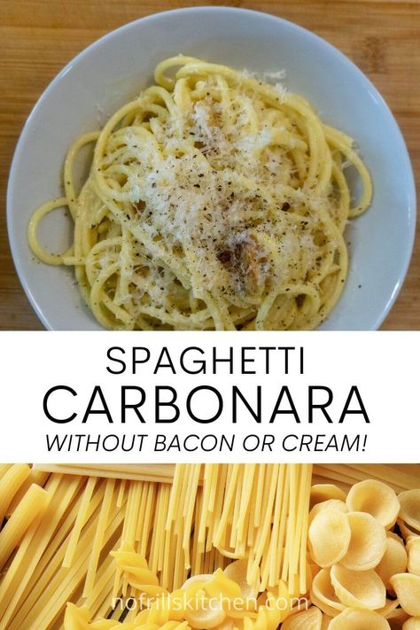 Looking for the perfect carbonara recipe but don't want any pork or cream? Look no further! This recipe checks all of the boxes and is also a breeze to throw together! Traditional Carbonara Recipe, Easy Carbonara Recipe, Bacon Carbonara, Delicious Spaghetti, Carbonara Sauce, Meat Products, No Meat, Bacon Recipe, Carbonara Recipe