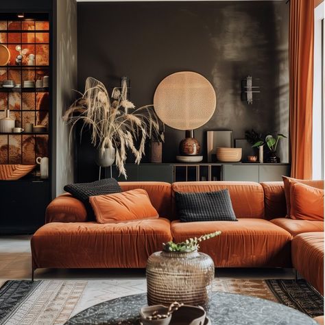 Burnt Orange Couch Living Room, Rust Living Room Decor, Rust And Green Living Room, Rust Living Room Ideas, Rust Couch, Rust Living Room, Bachelor Pad Living Room, Neutral Room Decor, Living Room With Dining Area