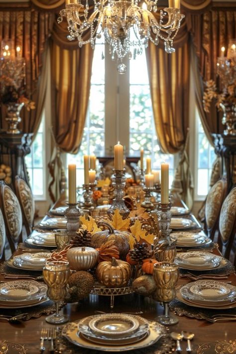 29 Fall Decor Ideas for the Home to Welcome Autumn 6 Luxury Fall Home Decor, Halloween Dining Room Decor, Fall Tablescapes Elegant, Thanksgiving Tablescapes Elegant, Luxury Dinner Party, Christmas Dining Table Decorations, Fall Dining Room Decor, Traditional Fall Decor, Fall Dining Table Decor