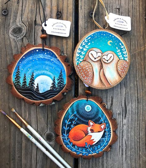 Fox sweet dreams on a large wood slice, painted with acrylics. | Instagram Wood Slice Painting Ideas, Painting On Wood Slices, Wood Painting Ideas, Embroidery Clips, Pta Gifts, Large Wood Slices, Jennifer Check, Circle Painting, Wood Slice Art