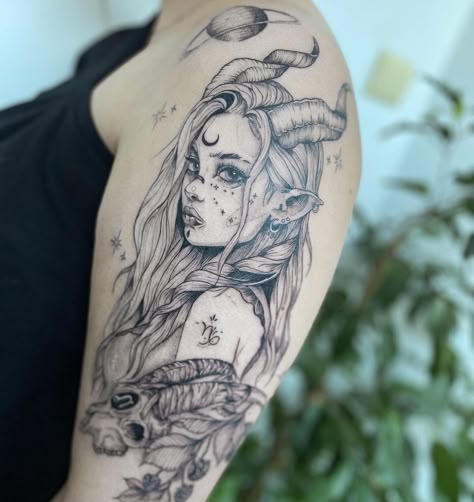 Capricorn Goddess and Saturn tattoo located on the arm and shoulder Side Sleeve Tattoos Women, Women With Horns Tattoo, Capricorn Chest Tattoo For Women, Pretty Capricorn Tattoo, Capricorn Witch Tattoo, Capricorn Libra Tattoo, Capricorn Tattoo Sleeve, Capricorn Lady Tattoo, Feminine Capricorn Tattoo