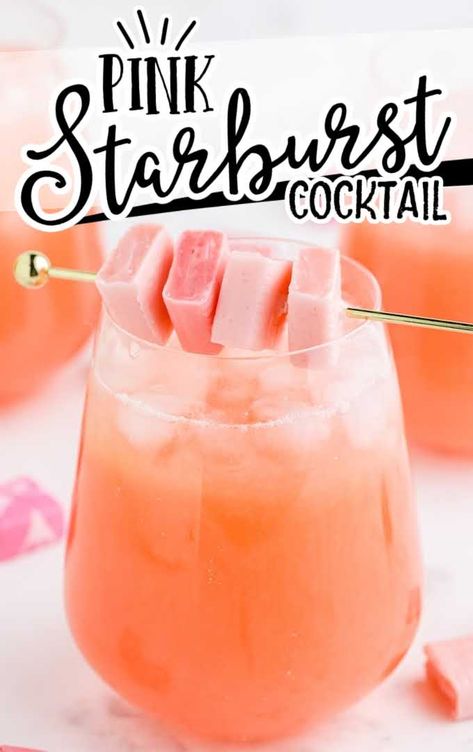 Pink Starburst Cocktail - Spaceships and Laser Beams Yummy Fruity Alcohol Drinks, Sweet Drink Recipes Alcoholic, Sweet Pink Alcoholic Drinks, Fruity Sweet Alcoholic Drinks, Sweet Tart Drink, Fun Drink Ideas Alcohol, Candy Flavored Alcoholic Drinks, Pink Sparkle Cocktail, Pretty Shots Alcohol