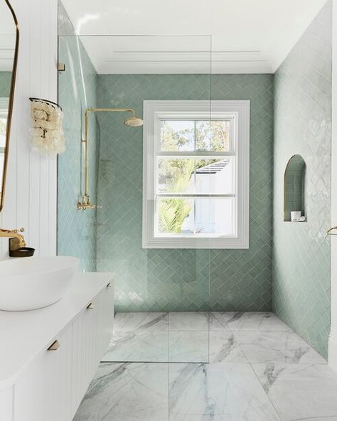 Blue Green Bathrooms, Pool House Bathroom, Green Tile Bathroom, Three Birds Renovations, Three Birds, Green Tile, Family Bathroom, Green Bathroom, Bathroom Renos