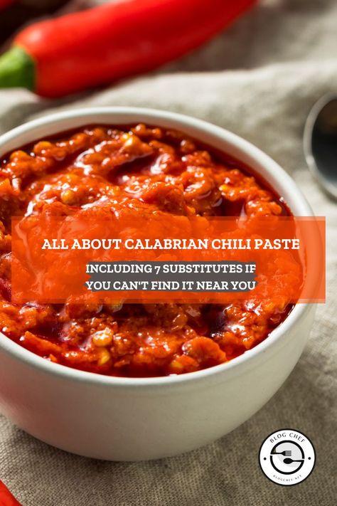 Close up view of chili sauce in a bowl with text overlay that reads all about Calabrian chili paste. Chili Paste Recipe, Substitute Ingredients, Calabrian Chili Paste, Thai Red Chili, Red Chili Paste, Calabrian Chili, Paste Recipe, Food Substitutions, Ingredient Substitutions