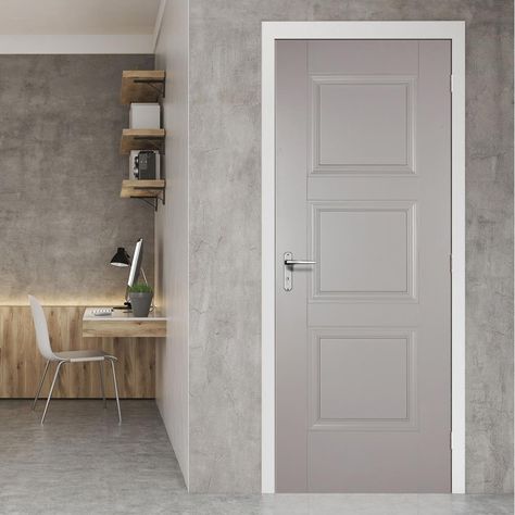 Amsterdam 3 Panel Grey Primed Internal Door - Lifestyle Image.    #greydoor #stylishdoor Lounge Makeover, Grey Internal Doors, Loft Door, Bungalow Ideas, Fire Doors Internal, Trendy Door, Steel Door Design, Fire Door, Contemporary Doors