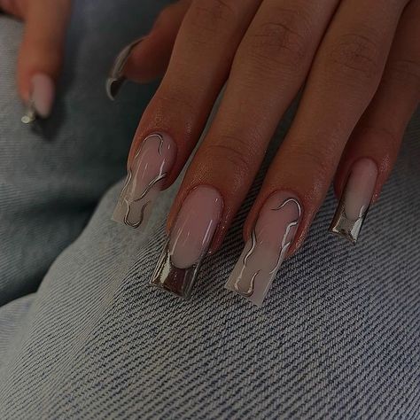 Simple Pretty Nails Square, Square Nails Long Design, Gel X Nail Designs Square, Long French Tip Nails With Design, Acrylic Design Nails, Long Nails Ideas, Nail Inspo Ideas, Square Acrylic Nails Designs, Nails With Silver