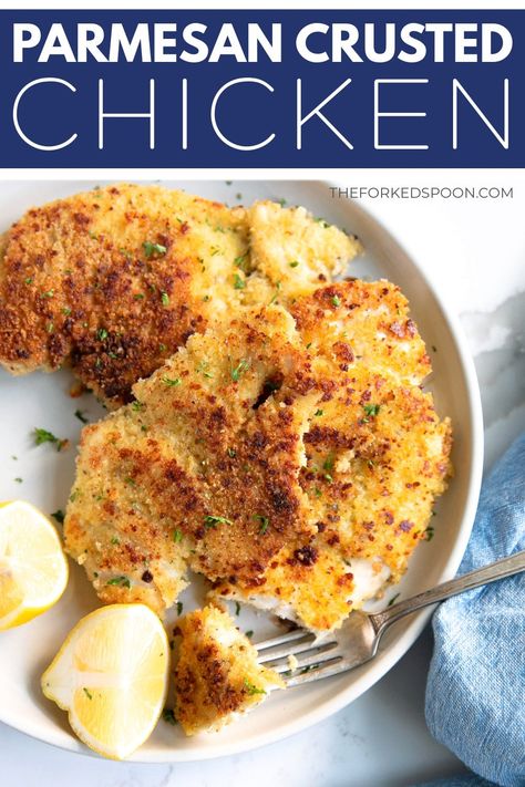 This Parmesan Crusted Chicken is made with thinly sliced chicken breast cutlets that are dredged in a delicious parmesan and panko bread crumb coating and pan-fried until perfectly crisp and golden brown. Easy to prepare and full of flavor, the whole family will love this amazing low-carb chicken recipe. Chicken And Bread Crumbs Recipes, Sliced Chicken Breast Recipes, Chicken Breast Cutlets, Chicken 101, Recipes With Chicken Breast, Parmesan Crusted Chicken Recipe, Chicken Cutlet Recipes, Cutlets Recipes, Breaded Chicken Breast