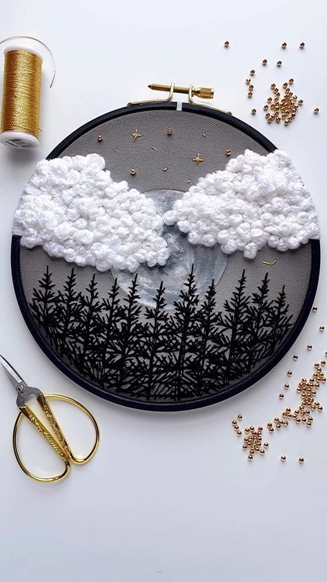 gladiis ✍ on Instagram: “My clouds or “fluffy popcorn” as my kids call them will never be perfect but they are really fun to make. 😁 . . #contemporaryart…” Thread Art Diy, Embroidered Clouds, Wood And Gold, Embroidery Hoop Art Diy, Simple Hand Embroidery Patterns, Embroidery Lessons, Diy Embroidery Designs, Hand Embroidery Patterns Flowers, Diy Embroidery Patterns