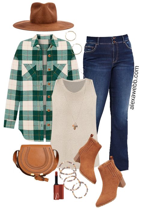 Green Plaid Shacket Outfit, Plus Size Fall Fashion 2023 Casual, Plaid Jacket Plus Size, Plaid Shacket Plus Size, Green Plaid Shacket, Plaid Shacket Outfit, Plus Size Fall Fashion 2023, Cozy Plaid Shacket With Pockets, Dark Washed Jeans Outfit