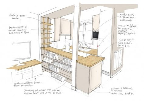 Optimisation de l'aménagement d'une petite cuisine ouverte - croquis Plan Studio 20m2, Small Open Plan Kitchens, Kitchen Layout Plans, Narrow Living Room, Interior Design Presentation, Interior Design Sketches, Interior Sketch, White Modern Kitchen, Home Upgrades