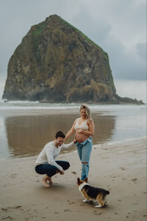 Cannon Beach Maternity Photos, Beach Maternity Photos With Dog, Maternity Photos With Dog, Beach Baby Announcement, Maternity Shoot Beach, Beach Maternity Photoshoot, Maternity Photography Beach, Maternity Photography Poses Outdoors, Pregnancy Pics